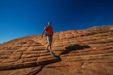 Uzun yürüyüşe çıkan kimse volkanik kar kanyon Utah, ABD eyalet parkı bir iz üzerinde