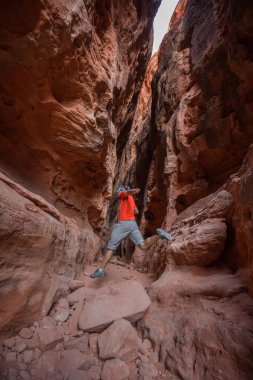 Uzun yürüyüşe çıkan kimse volkanik kar kanyon Utah, ABD eyalet parkı bir iz üzerinde