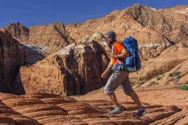 Uzun yürüyüşe çıkan kimse volkanik kar kanyon Utah, ABD eyalet parkı bir iz üzerinde