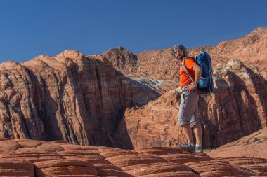 Uzun yürüyüşe çıkan kimse volkanik kar kanyon Utah, ABD eyalet parkı bir iz üzerinde