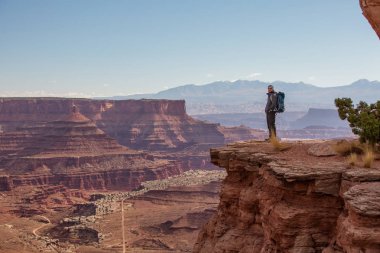 Uzun yürüyüşe çıkan kimse Canyonlands Milli Parkı'nda Utah, ABD