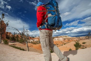 Uzun yürüyüşe çıkan kimse Utah, ABD Bryce canyon Milli Parkı ziyaret