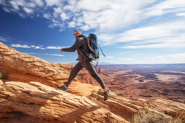 Uzun yürüyüşe çıkan kimse Canyonlands Milli Parkı'nda Utah, ABD