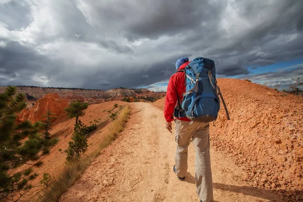 Πεζοπόρος επισκέψεις Bryce canyon εθνικό πάρκο στη Γιούτα, ΗΠΑ — Φωτογραφία Αρχείου