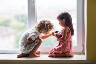 Erkek ve kız kardeş bir kediyle oynuyor.