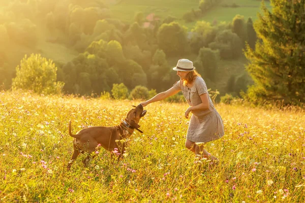 Žena se psem hrající si na hoře — Stock fotografie