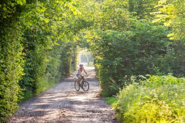 Güzel yeşil ormanda bisiklet süren bir kadın. Macera, bisiklet.