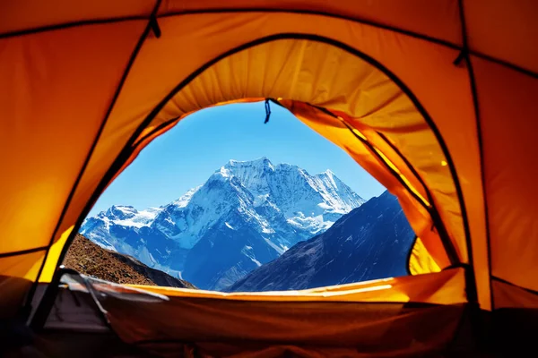 Beautiful landscape of Himalaya mountains through the tent