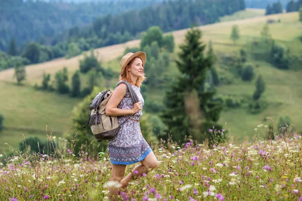 Vrouw Wandelaar Genieten Van Het Uitzicht Berg — Stockfoto