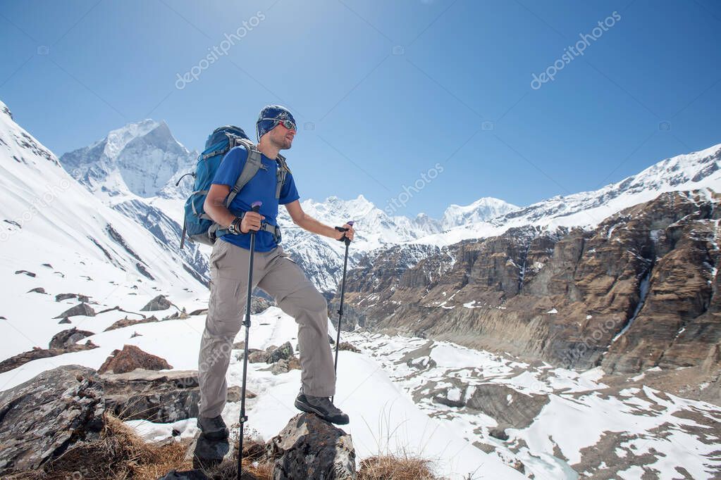 Hiker enjoys the view in the Himalayan mountains