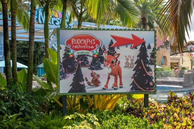 Orlando, Florida. Kasım 06, 2019. Rudolphs Seaworld 'de Noel Kasabası tabelası.