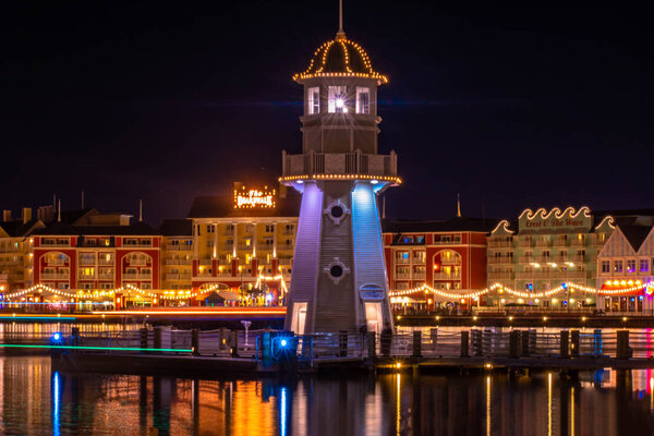 Orlando, Florida. December 06, 2019. Beautiful lighthouse in entertainment complex style old Atlantic City at Lake Buena Vista 4