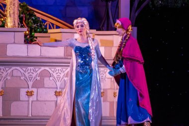 Orlando, Florida. Aralık 05, 2019. Elsa ve Anna Sihirli Krallık Parkı 'nda Donmuş Tatil Dileği (6)).