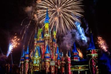 Orlando, Florida. Aralık 05, 2019. Sindirella 'nın Sihirli Krallıktaki Şatosunda Sonsuza Kadar Mutlu Şov' da muhteşem havai fişekler (43))
