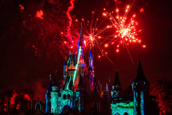 Orlando, Florida. December 05, 2019. Spectacular fireworks in Happily Ever After Show at Cinderella's Castle in Magic Kingdom (15)