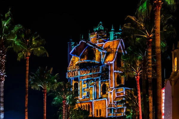 Orlando Florida November 2019 Colorful Projections Hollywood Tower Hotel Hollywood — Stock Photo, Image