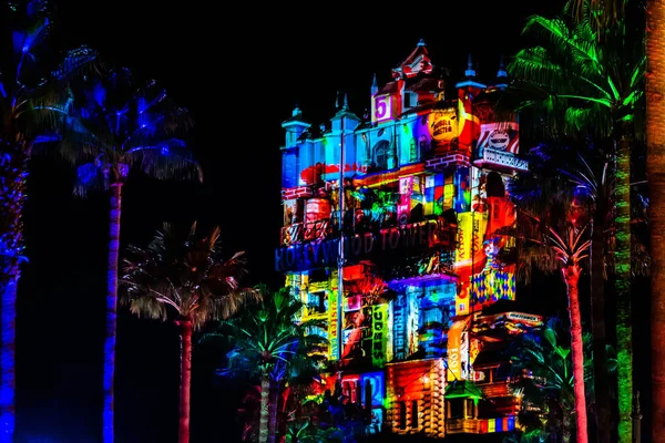 Orlando Florida November 2019 Colorful Projections Hollywood Tower Hotel Hollywood — Stock Photo, Image