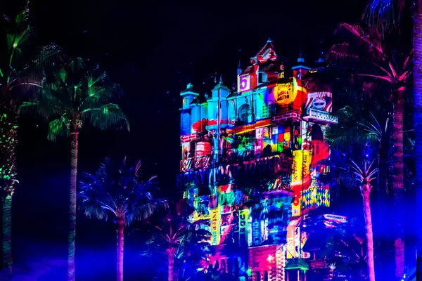 Orlando Florida November 2019 Colorful Projections Hollywood Tower Hotel Hollywood — Stock Photo, Image