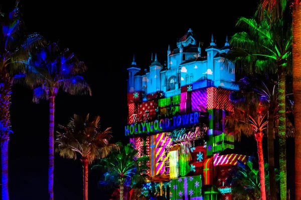 Orlando Florida November 2019 Colorful Projections Hollywood Tower Hotel Hollywood — Stock Photo, Image