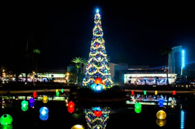 Orlando, Florida. 27 Kasım 2019. Hollywood Stüdyolarındaki Echo Gölü 'nde Noel ağacı ve bayram süslemesi (1))