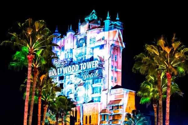 Orlando Florida November 2019 Colorful Projections Hollywood Tower Hotel Hollywood — Stock Photo, Image