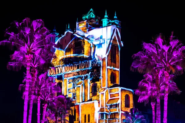 Orlando Florida November 2019 Colorful Projections Hollywood Tower Hotel Hollywood — Stock Photo, Image