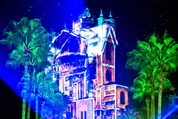 Orlando Floride Novembre 2019 Projections Colorées Sur Hollywood Tower Hotel — Photo