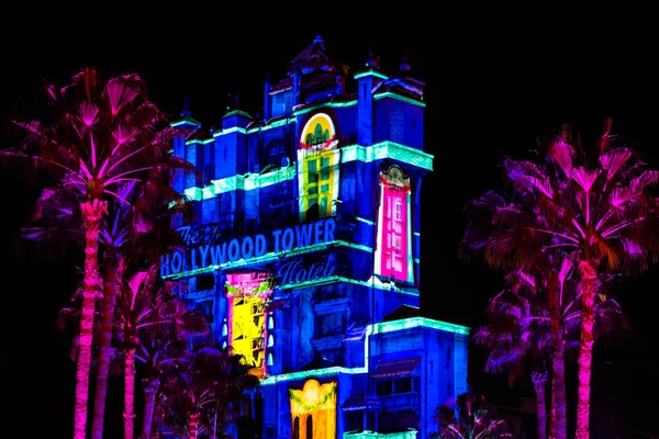 Orlando Floride Novembre 2019 Projections Colorées Sur Hollywood Tower Hotel — Photo