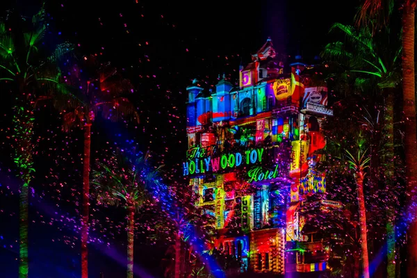 Orlando Florida November 2019 Colorful Projections Hollywood Tower Hotel Artificial — Stock Photo, Image