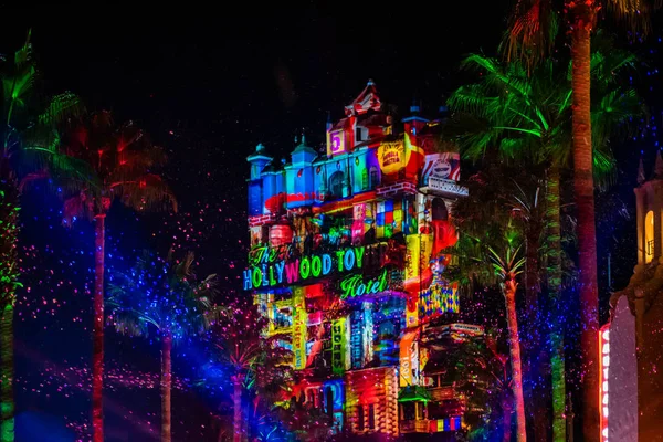 Orlando Floride Novembre 2019 Projections Colorées Sur Hollywood Tower Hotel — Photo