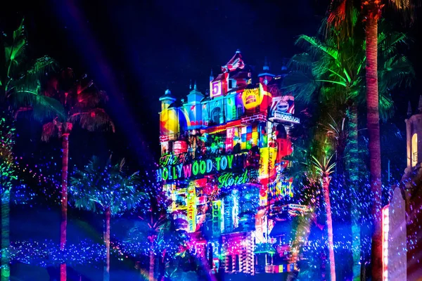 Orlando Florida November 2019 Colorful Projections Hollywood Tower Hotel Artificial — Stock Photo, Image