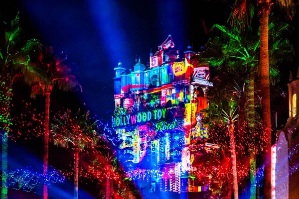 Orlando Florida November 2019 Colorful Projections Hollywood Tower Hotel Artificial — Stock Photo, Image