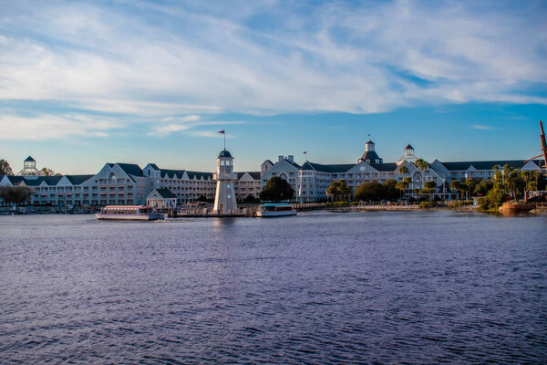 Orlando, Florida. December 18. 2019. Panoramic view of lighthouse, taxiboat and Resort villas at Lake Buena Vista area (50)