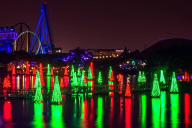 Orlando, Florida. 21 Aralık 2019. Renkli Tatil Ağaçları Seaworld 'deki göle yansıdı (4))
