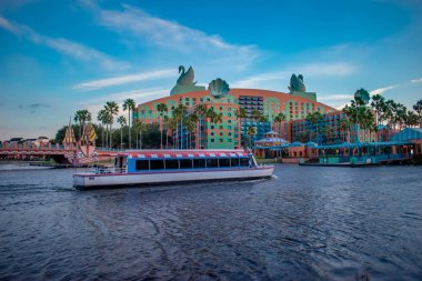 Orlando, Florida. December 18, 2019. Walt Disney World Swan Hotel and taxi boat in Lake Buena Vista area (4).