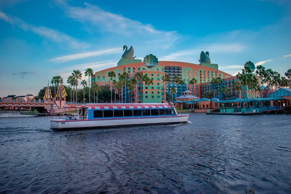 Orlando, Florida. December 18, 2019. Walt Disney World Swan Hotel and taxi boat in Lake Buena Vista area (4).