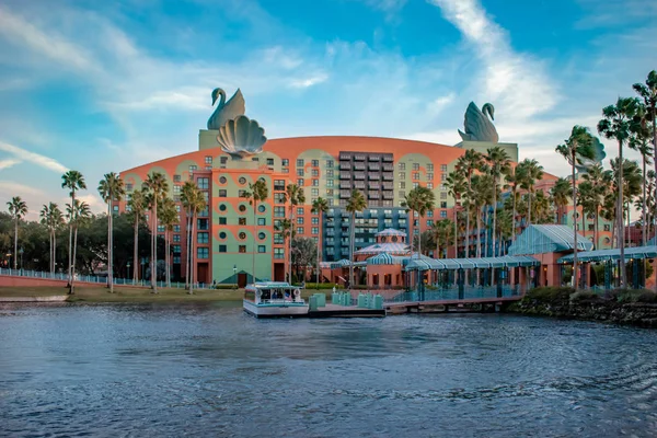 Orlando, Florida. December 18, 2019. Walt Disney World Swan Hotel and taxi boat in Lake Buena Vista area (5).