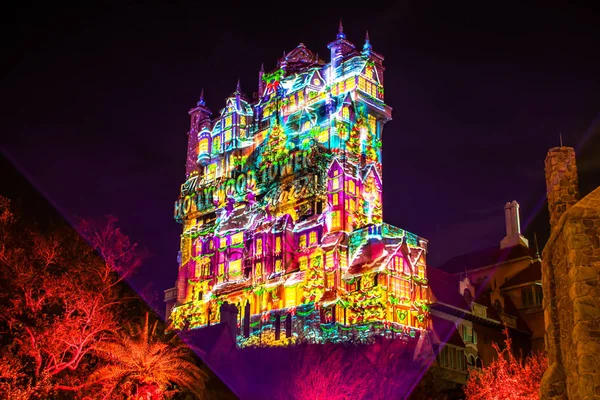 Orlando Florida January 2020 Colorful Projections Hollywood Tower Hotel Hollywood — Stock Photo, Image