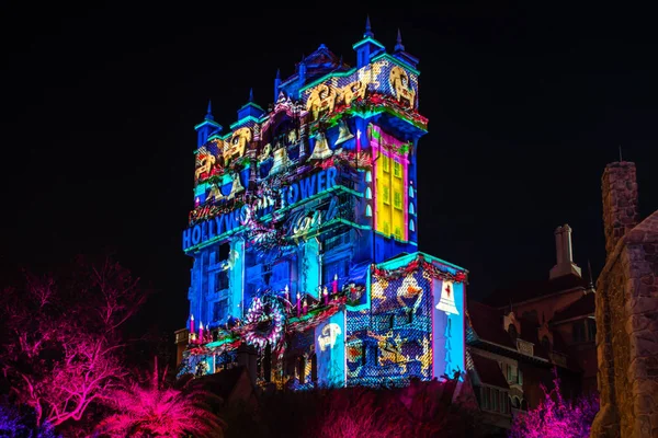 Orlando Florida January 2020 Colorful Projections Hollywood Tower Hotel Hollywood — Stock Photo, Image