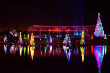 Orlando, Florida. 27 Aralık 2019. Aydınlatılmış ve renkli Noel Ağaçları Denizi ve Seaworld 41 'deki Bayside Stadyumu kısmi manzarası
