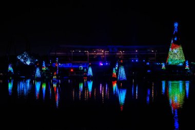 Orlando, Florida. 27 Aralık 2019. Aydınlatılmış ve renkli Noel Ağaçları Denizi ve Seaworld 86 'daki Bayside Stadyumu' nun kısmi manzarası