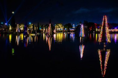 Orlando, Florida. 29 Aralık 2019. Deniz Dünyası 19 'daki Aydınlanmış ve renkli Noel Ağaçları Denizi