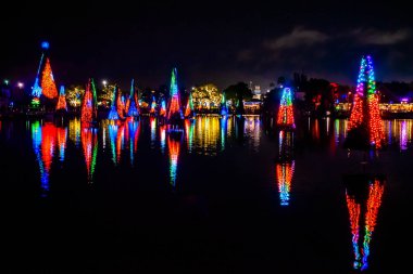 Orlando, Florida. 29 Aralık 2019. Deniz Dünyası 21 'deki Aydınlanmış ve renkli Noel Ağaçları Denizi