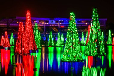 Orlando, Florida. 30 Aralık 2019. Aydınlatılmış ve renkli Noel Ağaçları Denizi ve Seaworld 2 'deki Bayside Stadyumunun kısmi manzarası.