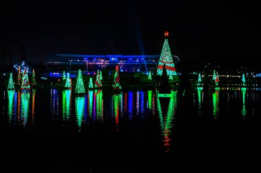 Orlando, Florida. 30 Aralık 2019. Aydınlatılmış ve renkli Noel Ağaçları Denizi ve Seworld 19 'daki Bayside Stadyumu kısmi manzarası