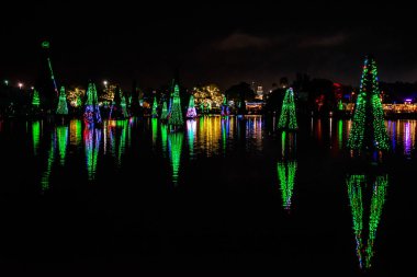 Orlando, Florida. 31 Aralık 2019. Deniz Dünyası 7 'deki Aydınlatılmış ve renkli Noel Ağaçları Denizi