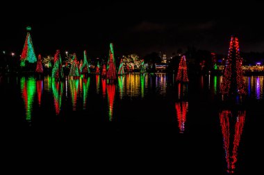 Orlando, Florida. 31 Aralık 2019. Deniz Dünyası 9 'daki Aydınlatılmış ve renkli Noel Ağaçları Denizi.