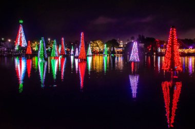 Orlando, Florida. 31 Aralık 2019. Deniz Dünyası 21 'deki Aydınlanmış ve renkli Noel Ağaçları Denizi