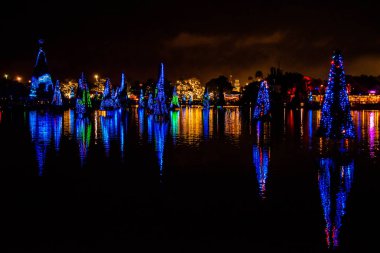 Orlando, Florida. 31 Aralık 2019. Deniz Dünyası 27 'deki Aydınlatılmış ve renkli Noel Ağaçları Denizi