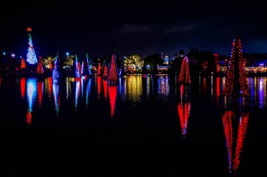 Orlando, Florida. 31 Aralık 2019. Deniz Dünyası 29 'daki Aydınlanmış ve renkli Noel Ağaçları Denizi